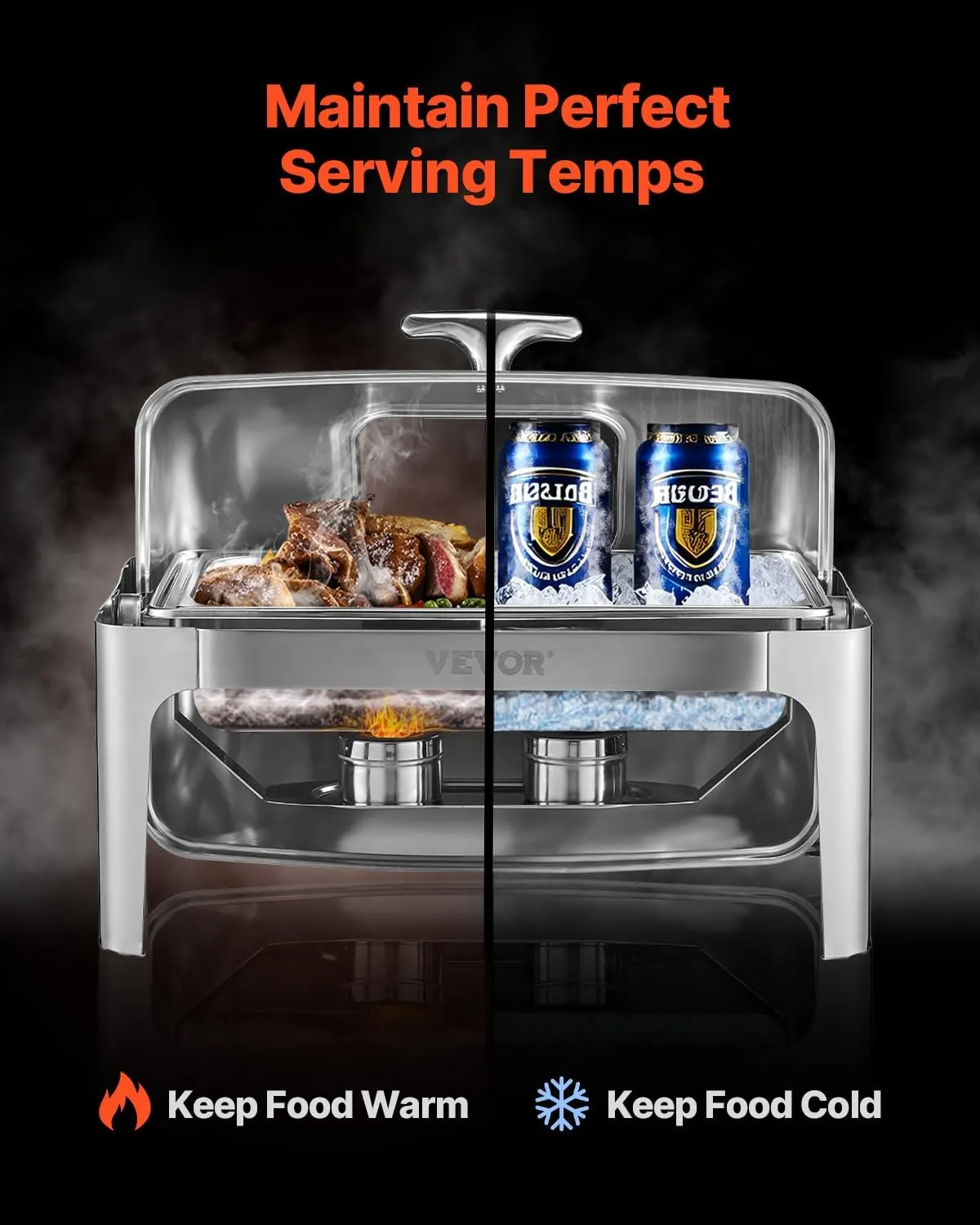 VEVOR Roll Top Chafing Dish Buffet Complete Set, 9 Qt 1 Pack Stainless Steel Chafer with 2 Half Size Pans, Rectangle Catering Warmer Server with Visible Lid Water Pan Folding Stand Fuel Holder, Silver