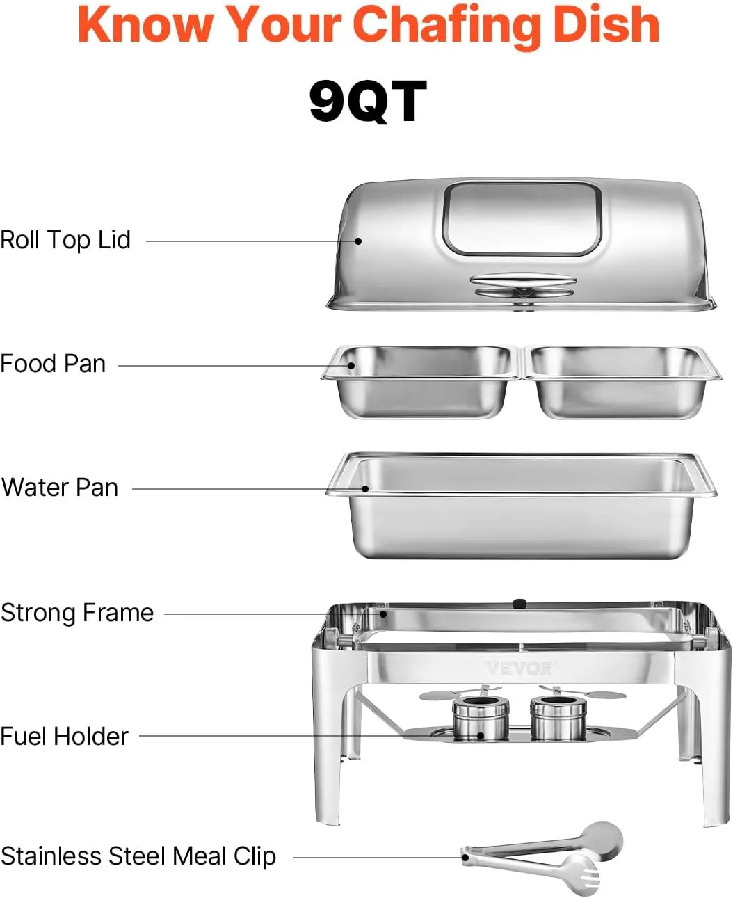 VEVOR Roll Top Chafing Dish Buffet Complete Set, 9 Qt 1 Pack Stainless Steel Chafer with 2 Half Size Pans, Rectangle Catering Warmer Server with Visible Lid Water Pan Folding Stand Fuel Holder, Silver