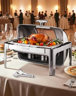 VEVOR Roll Top Chafing Dish Buffet Complete Set, 9 Qt 1 Pack Stainless Steel Chafer with 2 Half Size Pans, Rectangle Catering Warmer Server with Visible Lid Water Pan Folding Stand Fuel Holder, Silver