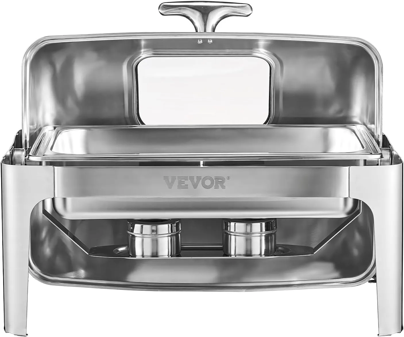 VEVOR Roll Top Chafing Dish Buffet Complete Set, 9 Qt 1 Pack Stainless Steel Chafer with 2 Half Size Pans, Rectangle Catering Warmer Server with Visible Lid Water Pan Folding Stand Fuel Holder, Silver