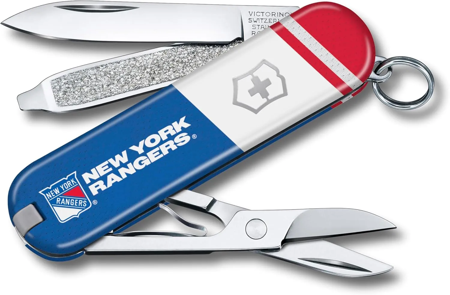 Victorinox Classic SD Swiss Army Knife – Compact 7 Function Swiss Made Pocket Knife with Small Blade, Screwdriver and Key Ring – New York Rangers