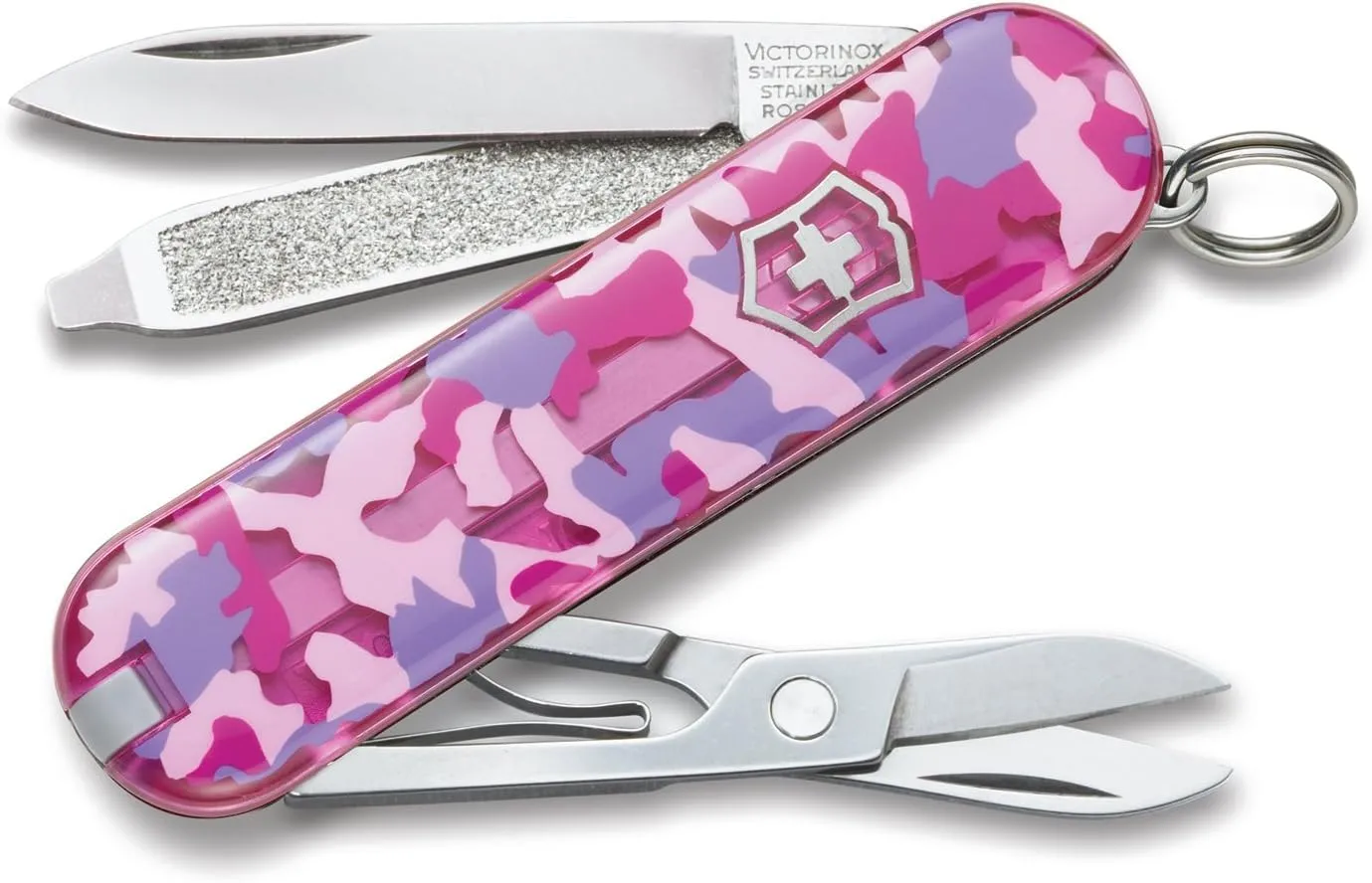 Victorinox Classic SD Swiss Army Knife, Compact, 7 Functions, Swiss Made Pocket Knife with Small Blade, Screwdriver and Key Ring - Pink Camouflage