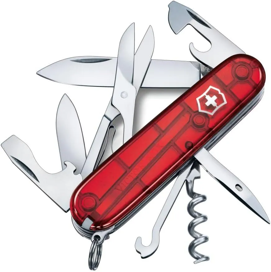Victorinox Climber Swiss Army Knife, 14 Function Swiss Made Pocket Knife with 2 Blades, Corkscrew and Screwdriver - Ruby