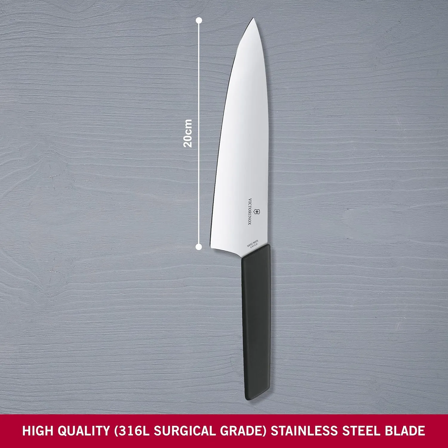 Victorinox Swiss Modern Chef's Knife - Kitchen Knife for Cutting Meat, Fruit & Vegetables - Premium Kitchen Accessories - Black Handle, 8"