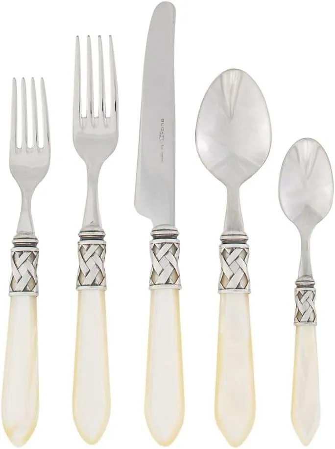 Vietri Aladdin Antique Ivory 5-Piece Place Setting, 18/10 Stainless Steel Forks Spoons & Knife Set