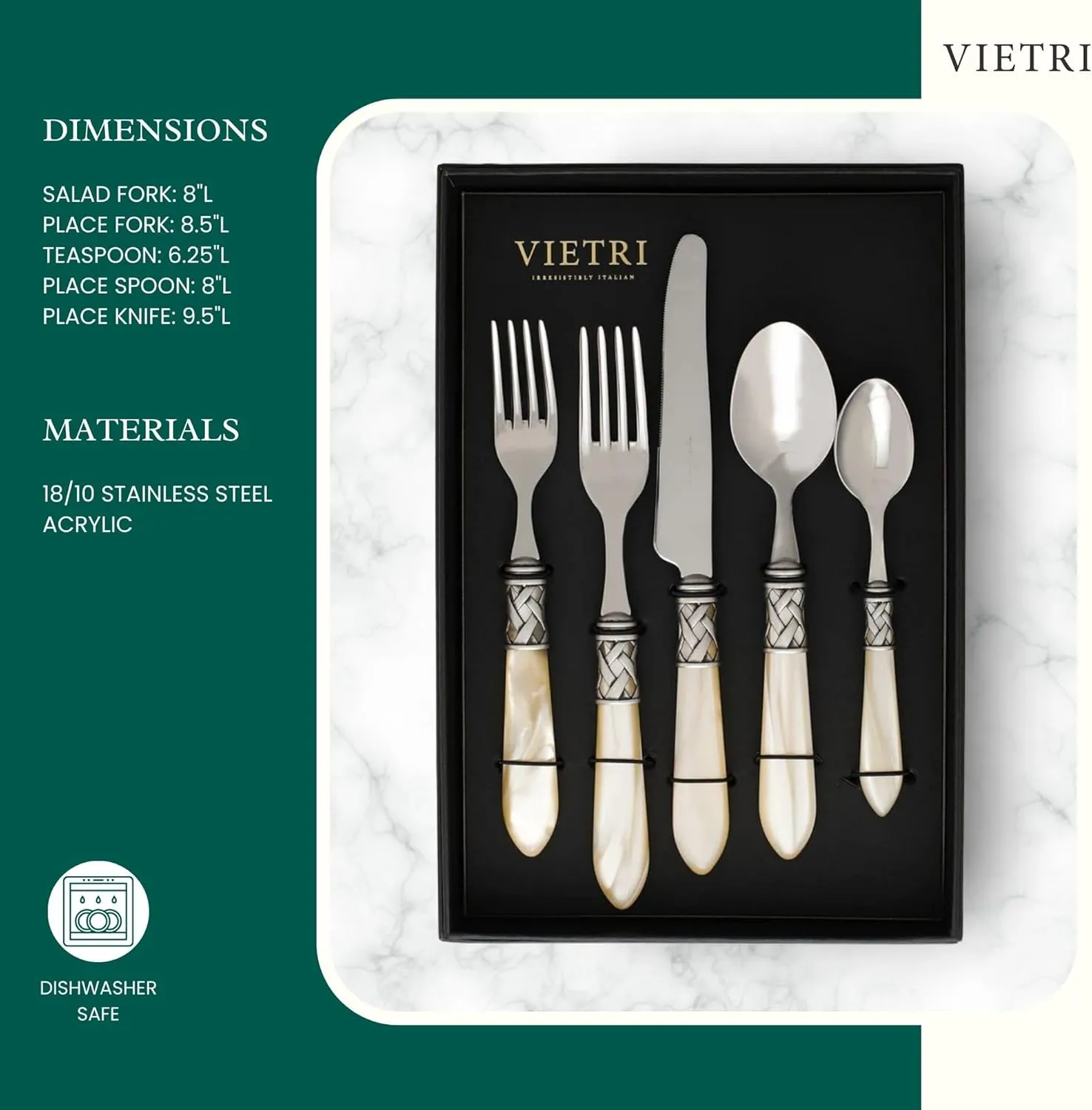 Vietri Aladdin Antique Ivory 5-Piece Place Setting, 18/10 Stainless Steel Forks Spoons & Knife Set