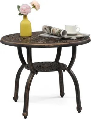 VINGLI 22" Cast Aluminum Outdoor Side Table, All Weather Patio SideTable Outdoor End Table for Patio,Garden,Balcony,Deck, Bronze (Round)