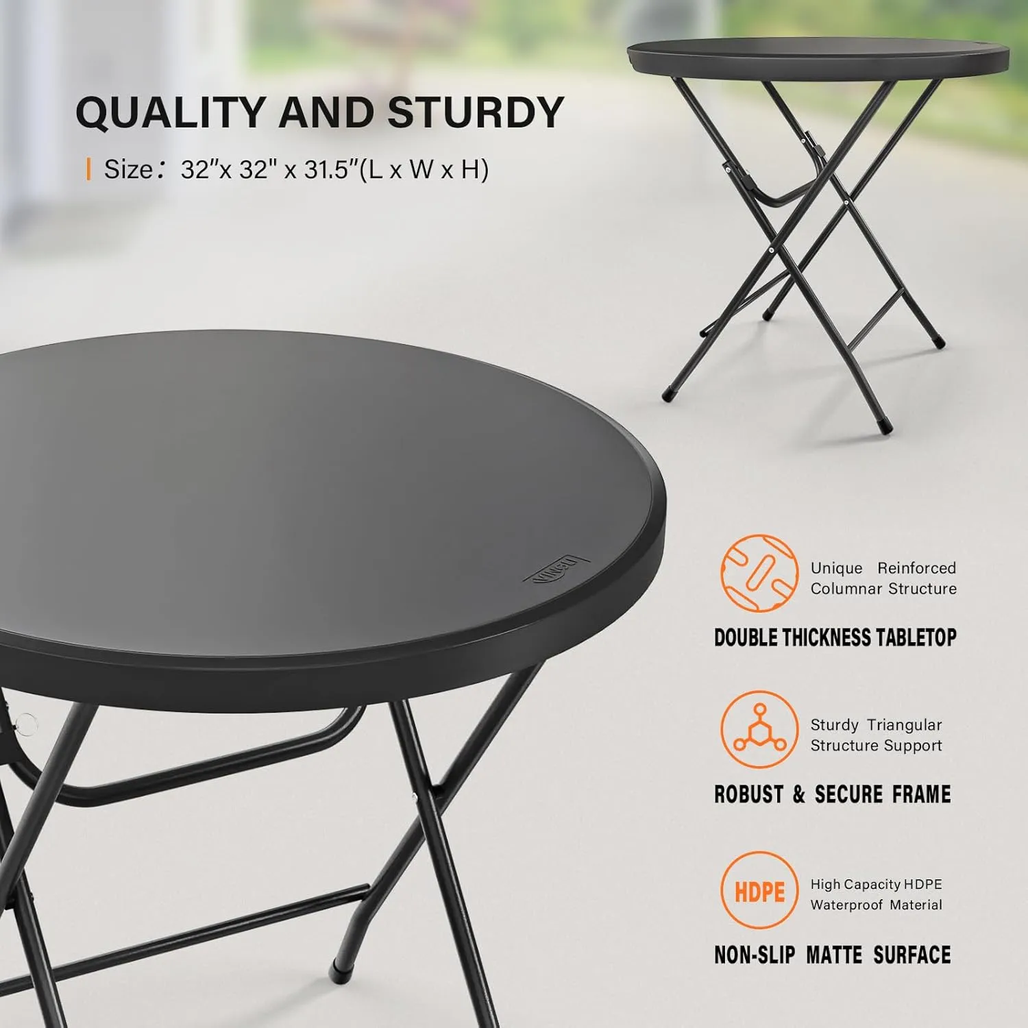 VINGLI 32" Round Folding Commercial Banquet Table, Portable Plastic Coffee Card Dining Table for Kitchen or Outdoor Party Wedding Event, 1 Pack, Black