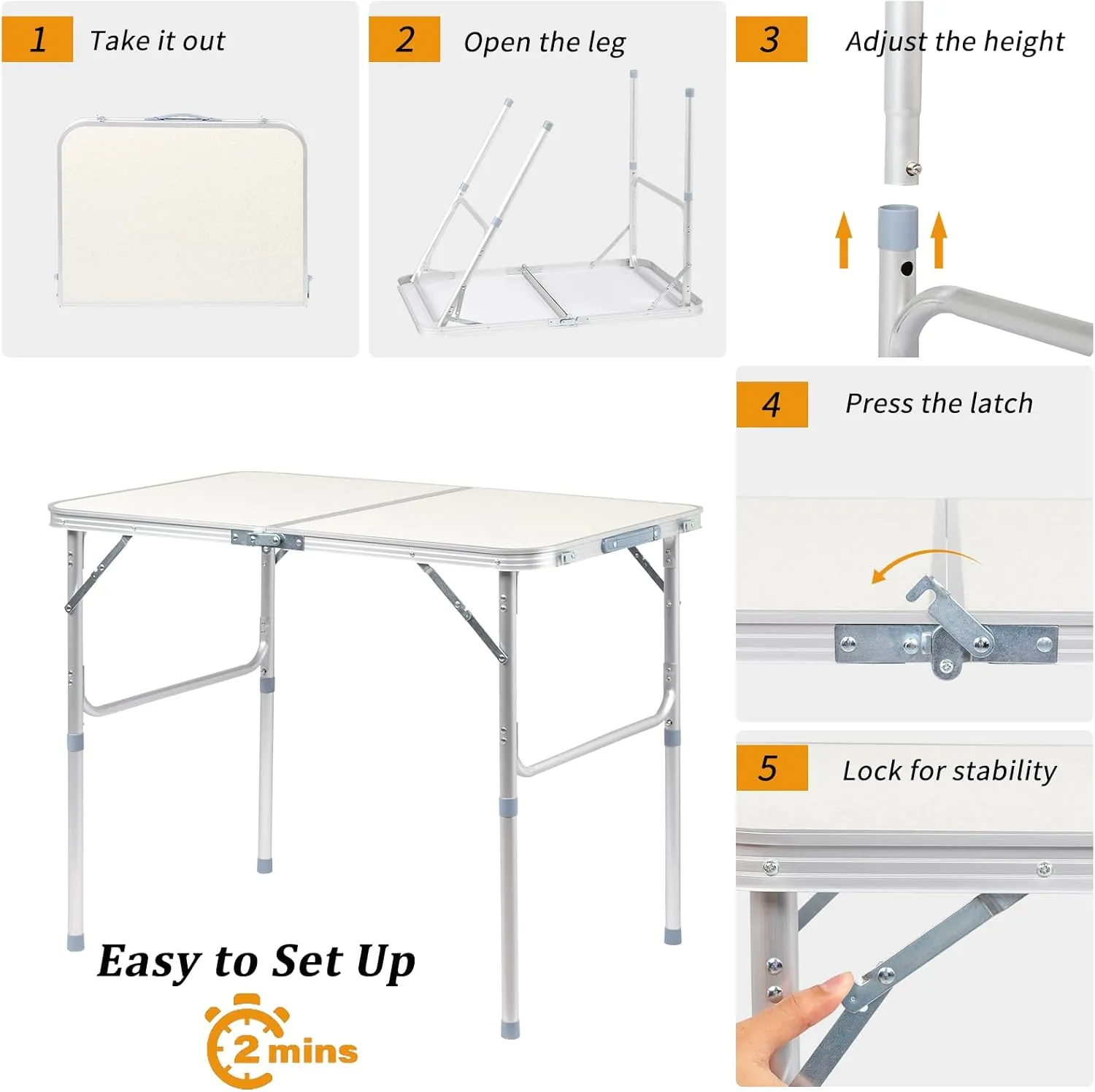 VINGLI 3FT Small Camping Table Adjustable Height Aluminum Folding Table for Picnic Party BBQ, Plastic RV Suitcase Table Portable Lightweight Fold Up Utility Outdoor Tables with Carrying Handle …