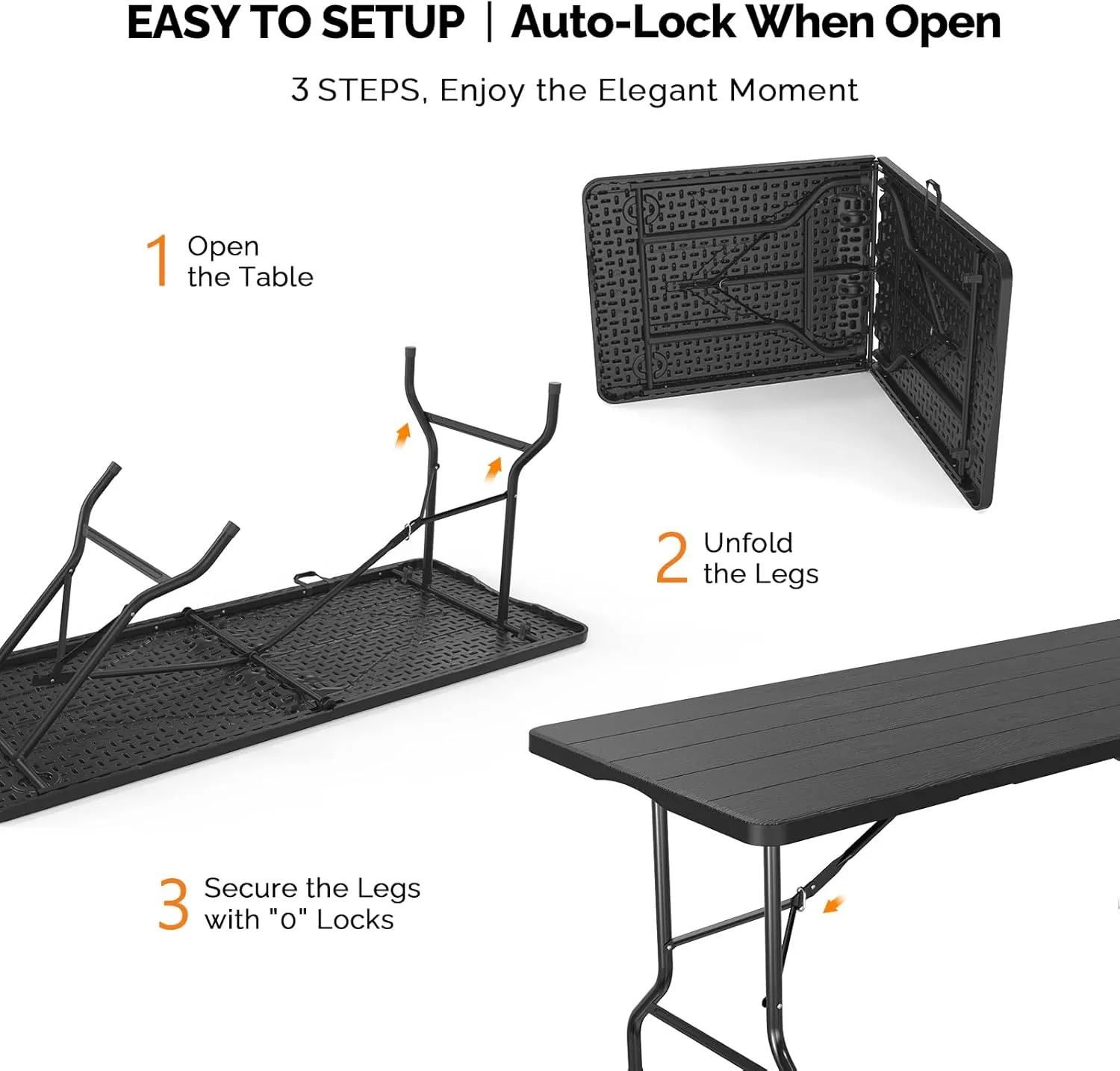 VINGLI 6 Foot Plastic Folding Table Portable Long Table for Indoor Outdoor Use Rectangular with Carrying Handle, Tree Patterned HDPE Tabletop, Black