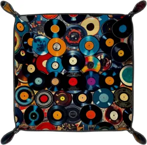 Vinyl Music Records Print Microfiber Leather Dice Trays Folding for RPG DND Table Games, Leather Dice Holder Storage Box Portable Folding Rolling Dice Tray, 20.5x20.5cm