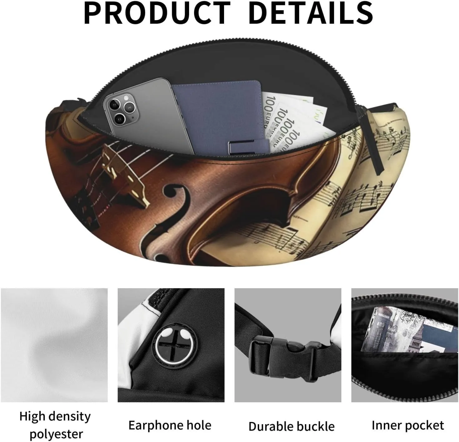 Violin and Book Fanny Pack for Man Women Waist Bag Adjustable Belt Casual Chest Bag Bum Bags for Travel Sports Running Hiking Waist Packs