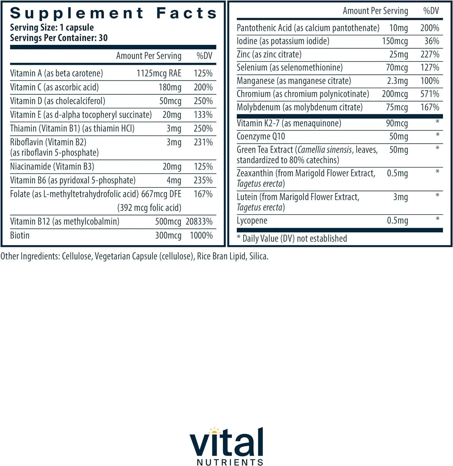 Vital Nutrients Once Daily Multivitamin | Vegan Multi for Women & Men | Allergen-Free | 19 Essential Vitamins   Antioxidants for Eye and Heart Health | Gluten, Dairy & Soy-Free | 30 Capsules