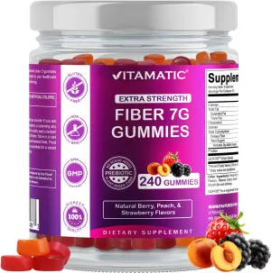 Vitamatic Prebiotic Fiber Gummies for Adults, 7G Extra Strength, Zero Sugar Added, 240 Pectin Based Gummies, Digestive Health & Regularity Support