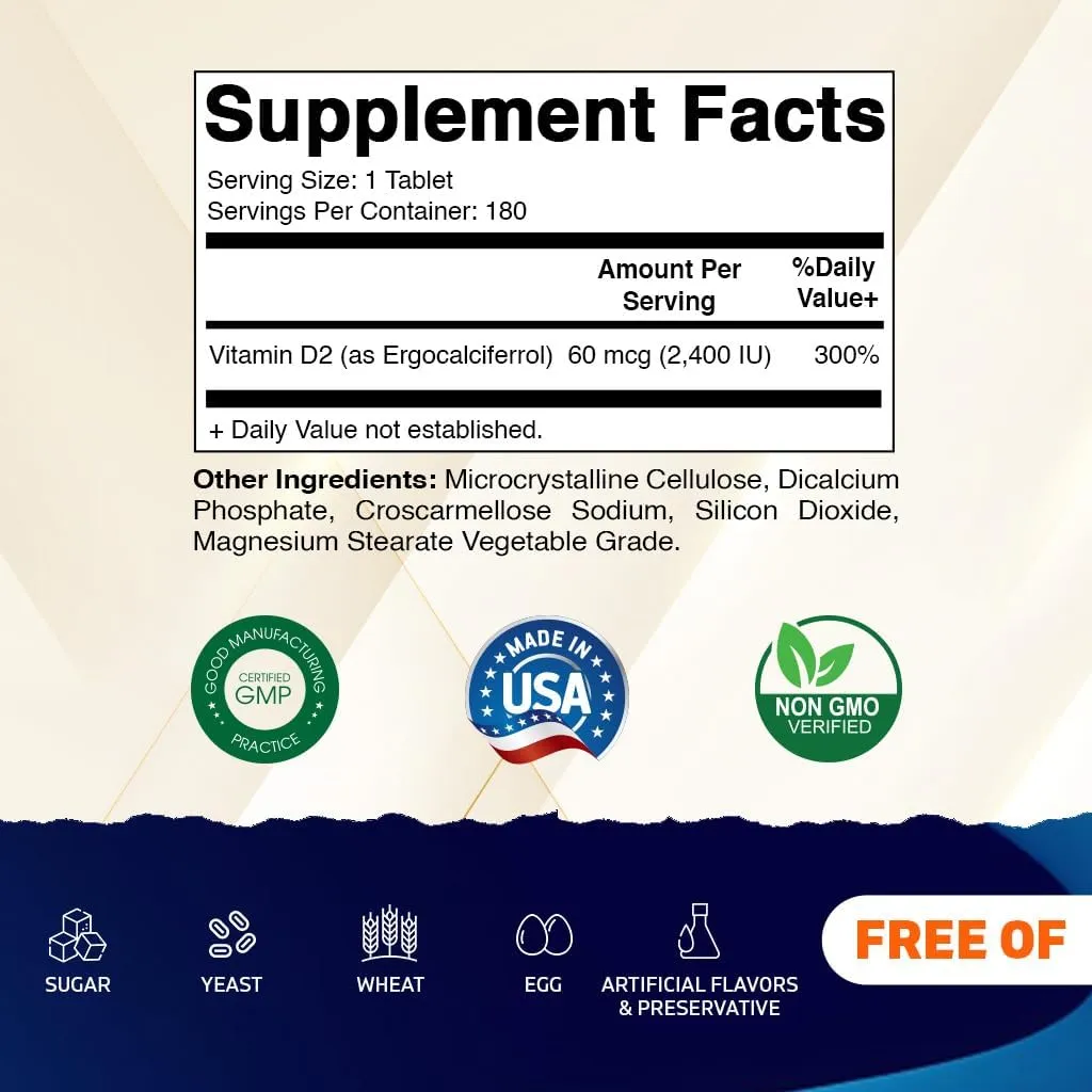 Vitamatic Vitamin D2 60 mcg (2400 IU) - Ergocalciferol - 180 Vegetarian Tablets (180 Tablets (Pack of 1)) (3 Bottles)