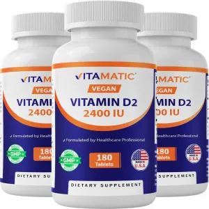 Vitamatic Vitamin D2 60 mcg (2400 IU) - Ergocalciferol - 180 Vegetarian Tablets (180 Tablets (Pack of 1)) (3 Bottles)