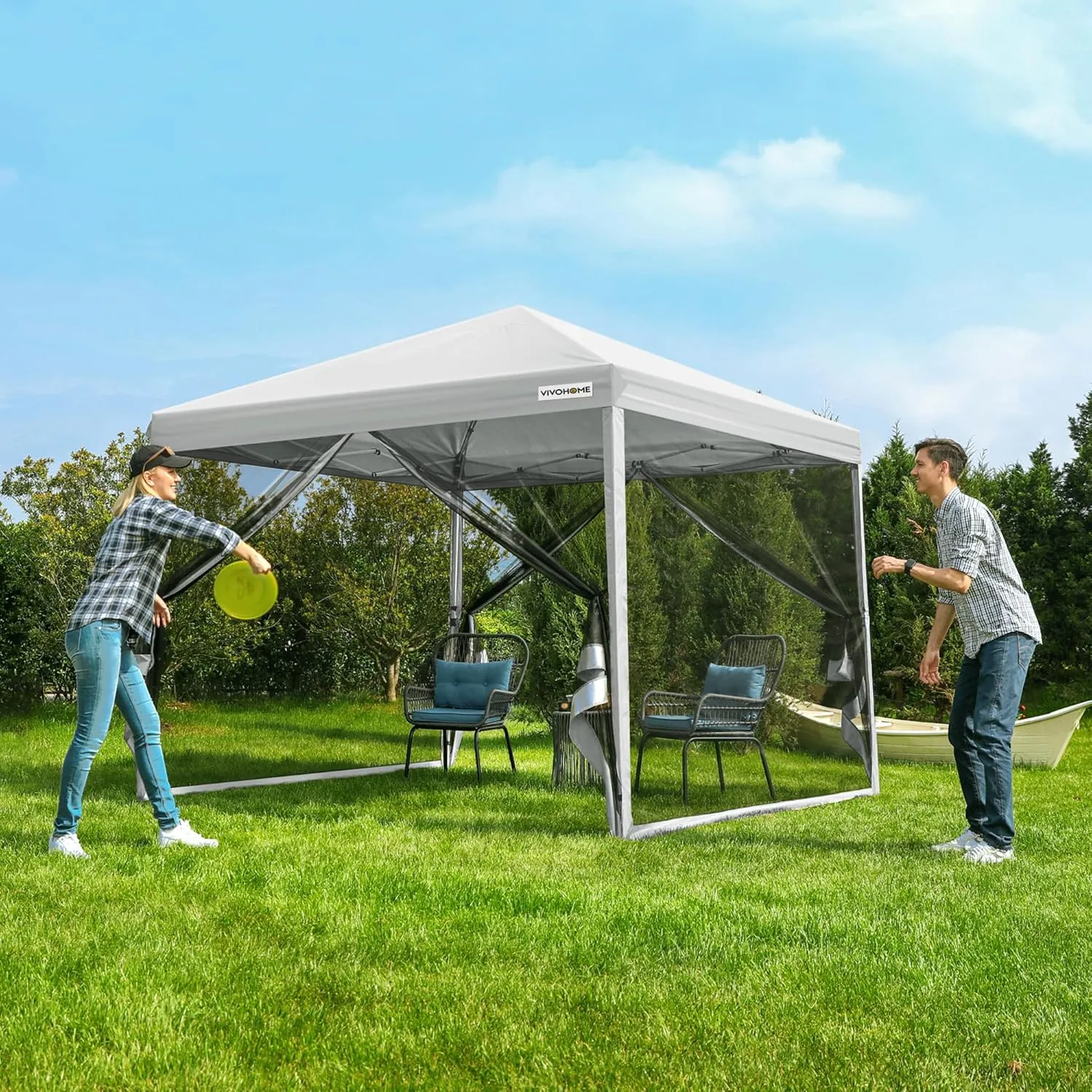 VIVOHOME 10x10ft Easy Pop-Up Canopy, Outdoor Screen Tent with Mosquito Netting, 2 Zipper Doors, and Roller Bag for Yard Camping Picnic Party Events, White