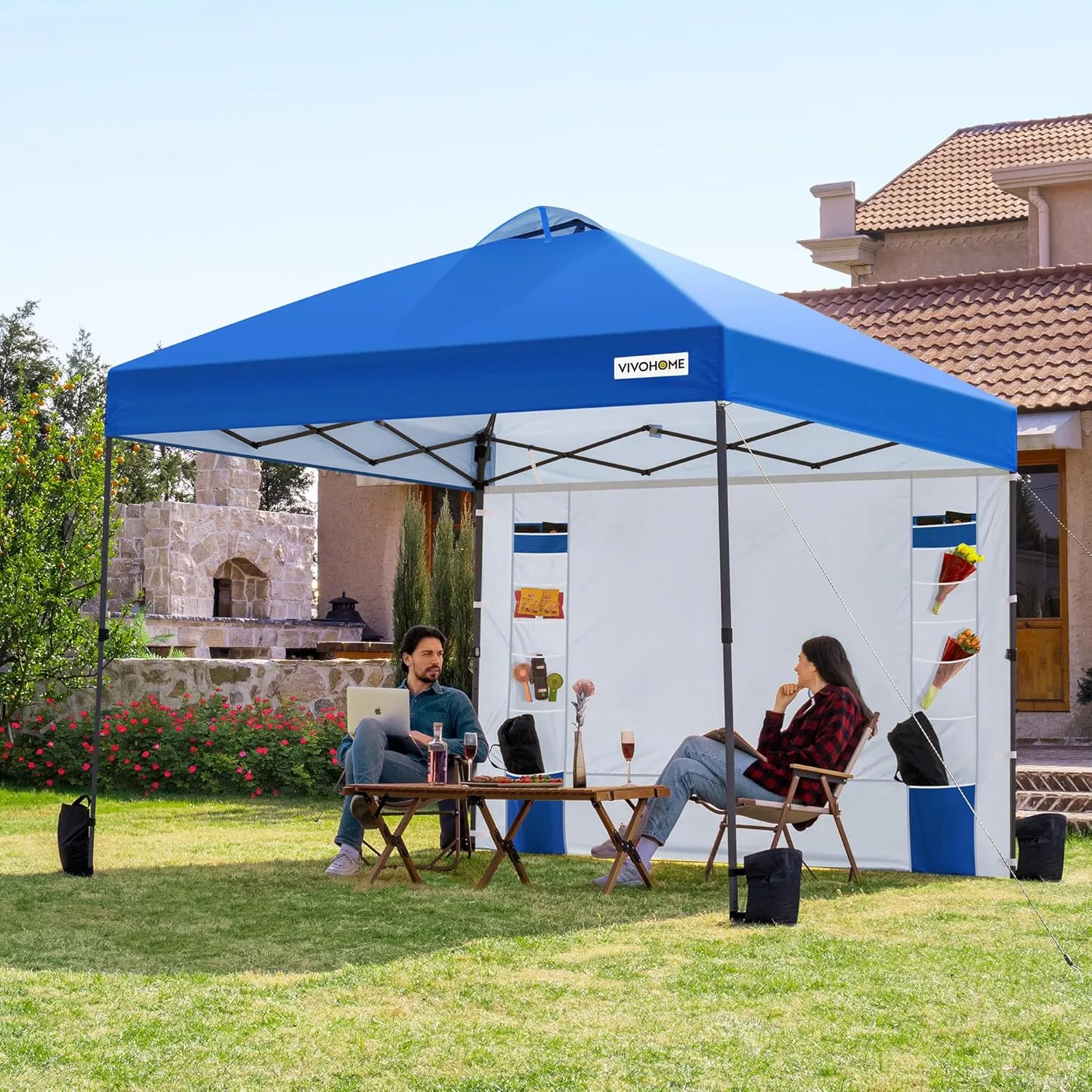 VIVOHOME 10x10ft Pop Up Canopy Tent with Sidewall and 6 Pockets, One Push Setup Outdoor Portable Shelter Tent Heavy Duty with Wheel Carry Bag and 4 Sandbags, Blue