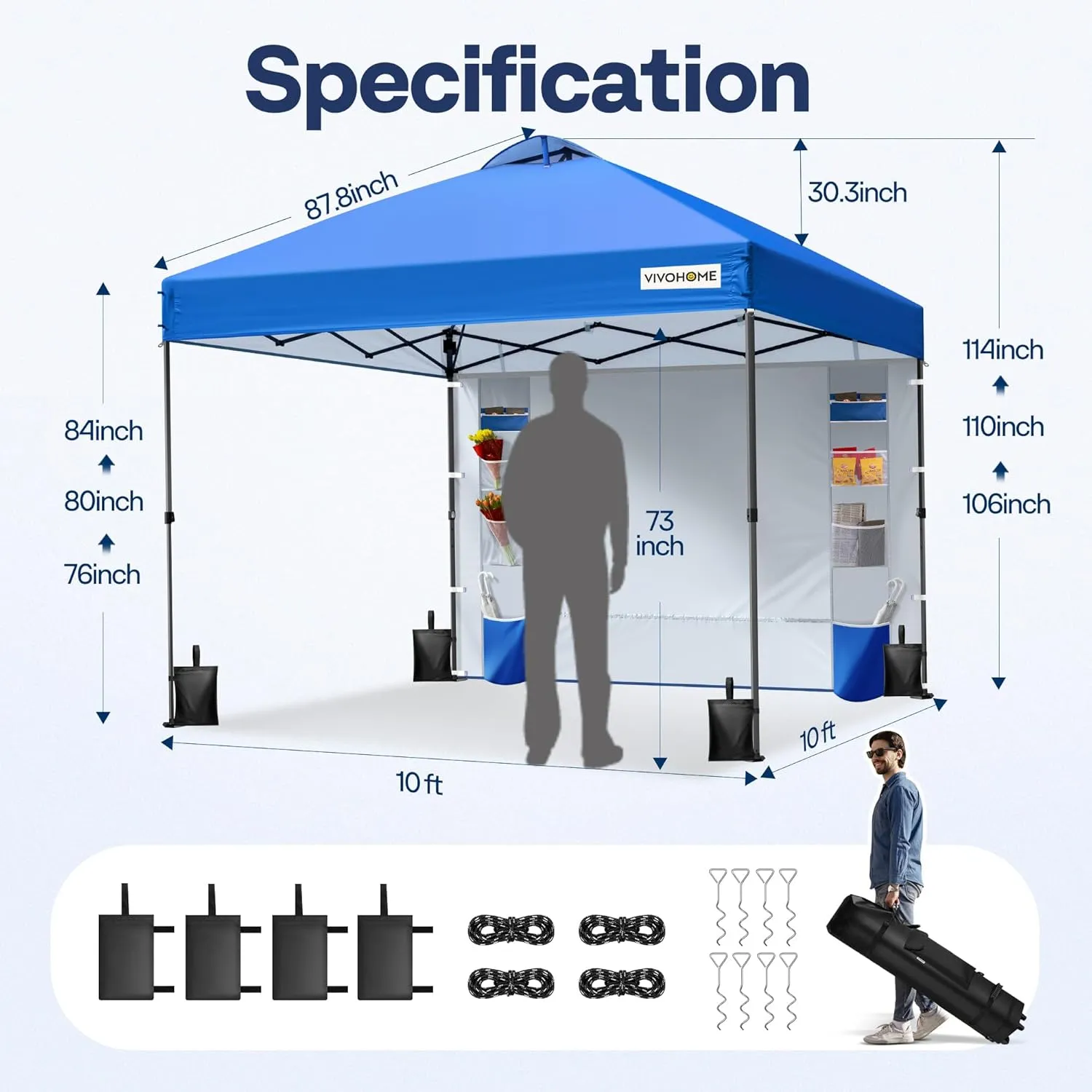 VIVOHOME 10x10ft Pop Up Canopy Tent with Sidewall and 6 Pockets, One Push Setup Outdoor Portable Shelter Tent Heavy Duty with Wheel Carry Bag and 4 Sandbags, Blue