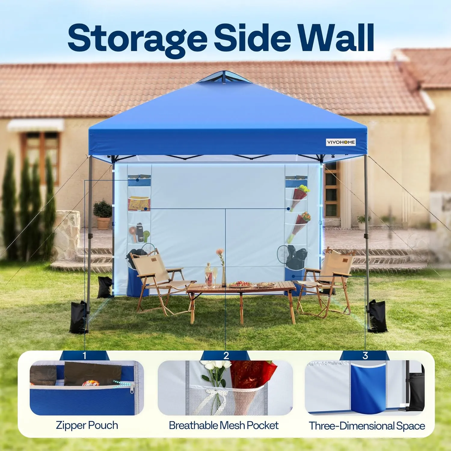 VIVOHOME 10x10ft Pop Up Canopy Tent with Sidewall and 6 Pockets, One Push Setup Outdoor Portable Shelter Tent Heavy Duty with Wheel Carry Bag and 4 Sandbags, Blue