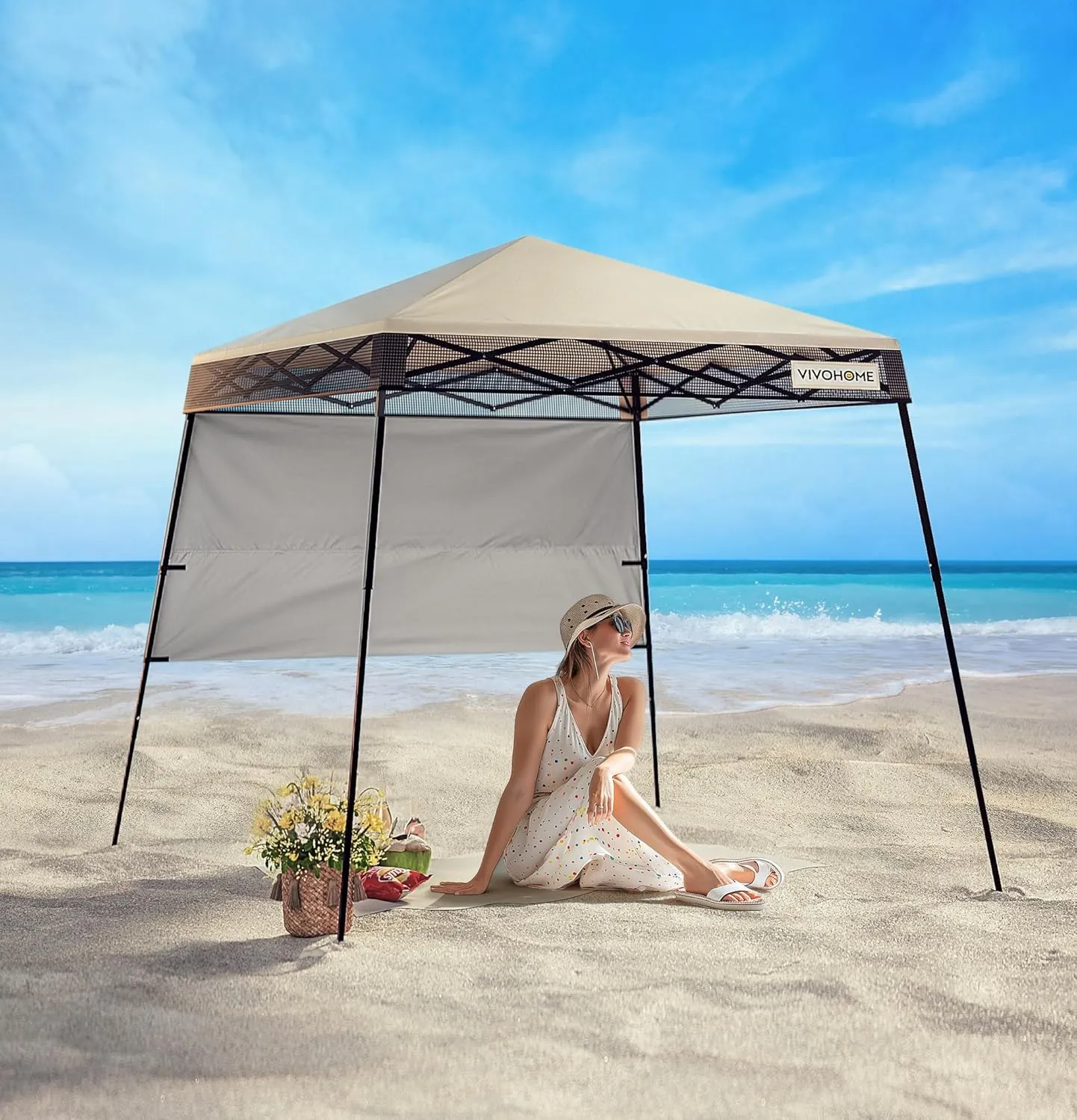 VIVOHOME 8x8ft Pop-Up Canopy Tent with Central Lock Design, Slant Legs, Backpack, and Side Wall, Portable Shelter for Camping, Party, Yard, and Beach Events, Beige