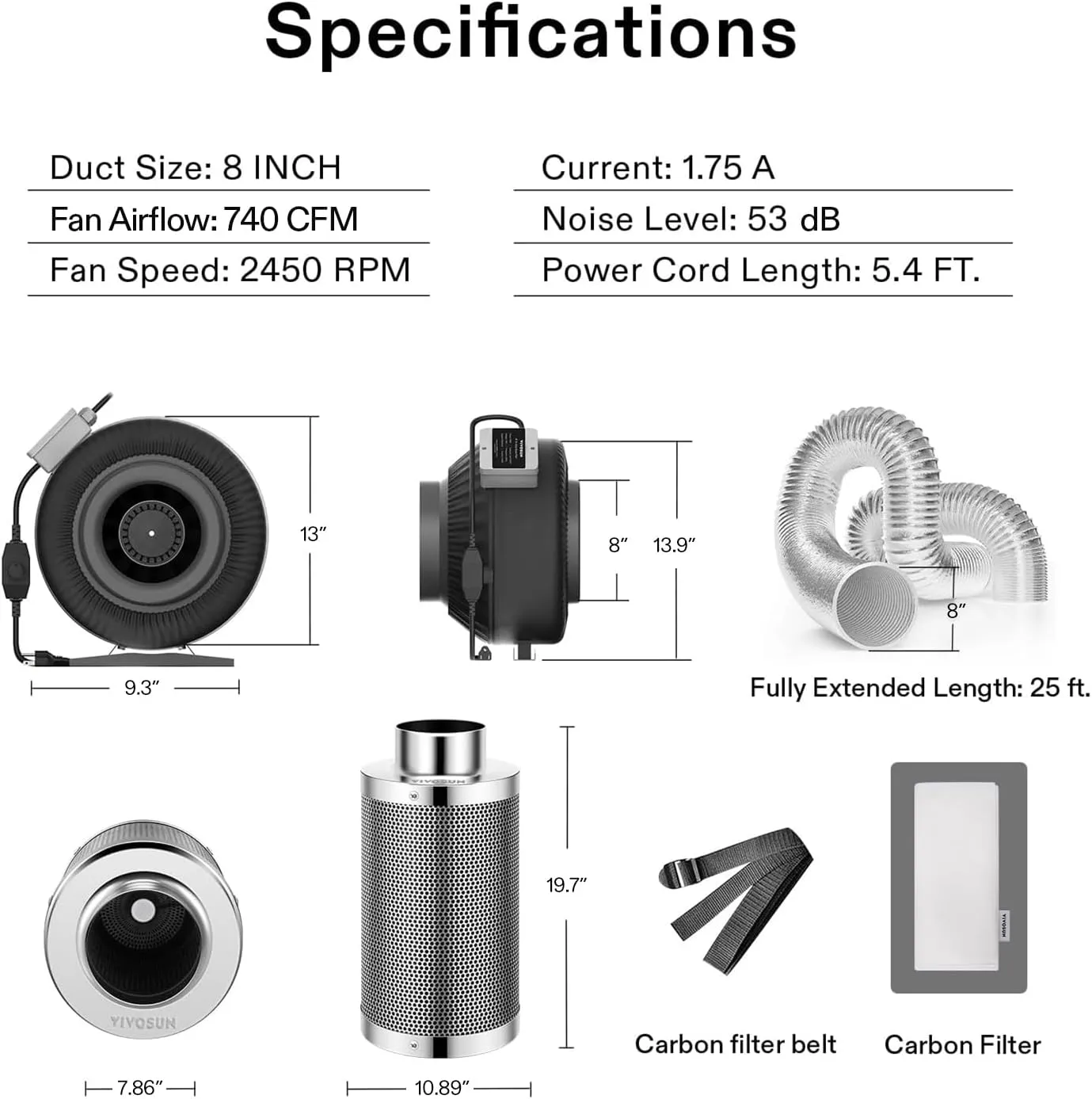 VIVOSUN 8 Inch 740 CFM Inline Fan with Speed Controller, 8 Inch Carbon Filter and 25 Feet of Ducting, Air Filtration Combo for Grow Tent Ventilation