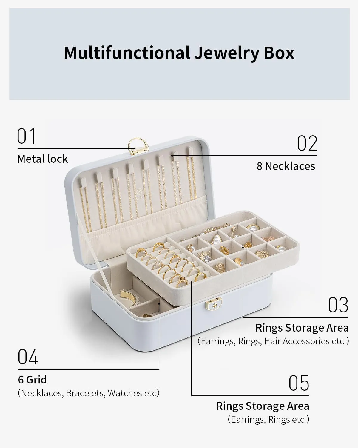 Vlando Jewelry Box Organizer for Women Girl,Lockable Jewelry Case Boxes with 2 Layers,Earrings Necklace,Rings Storage,Gift Box Packaging,Wedding Birthday Gifts Ideas Blue