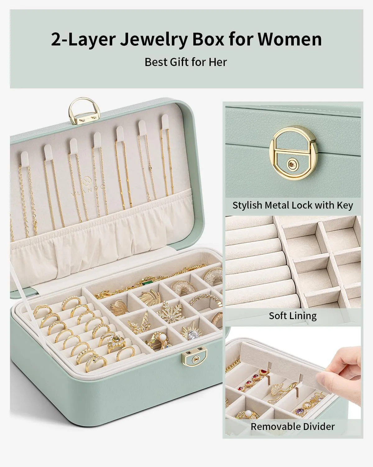 Vlando Jewelry Box Organizer for Women Girls, 2 Layer Jewelry Case with Lock,Jewelry Storage Earrings Necklace,Rings,Gift Box Packaging,Wedding Birthday Gifts Aqua Green