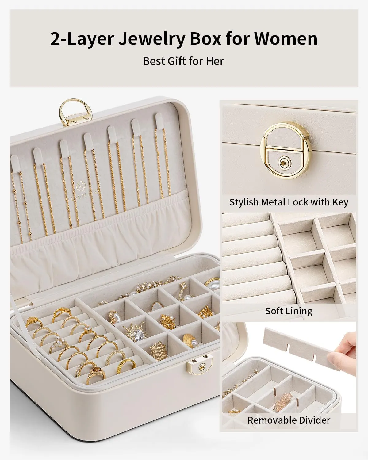 Vlando Jewelry Box Organizer for Women Girls, 2 Layer Jewelry Case with Lock,Jewelry Storage Earrings Necklace,Rings,Gift for Teachers Wedding Birthday Gifts-Cream White