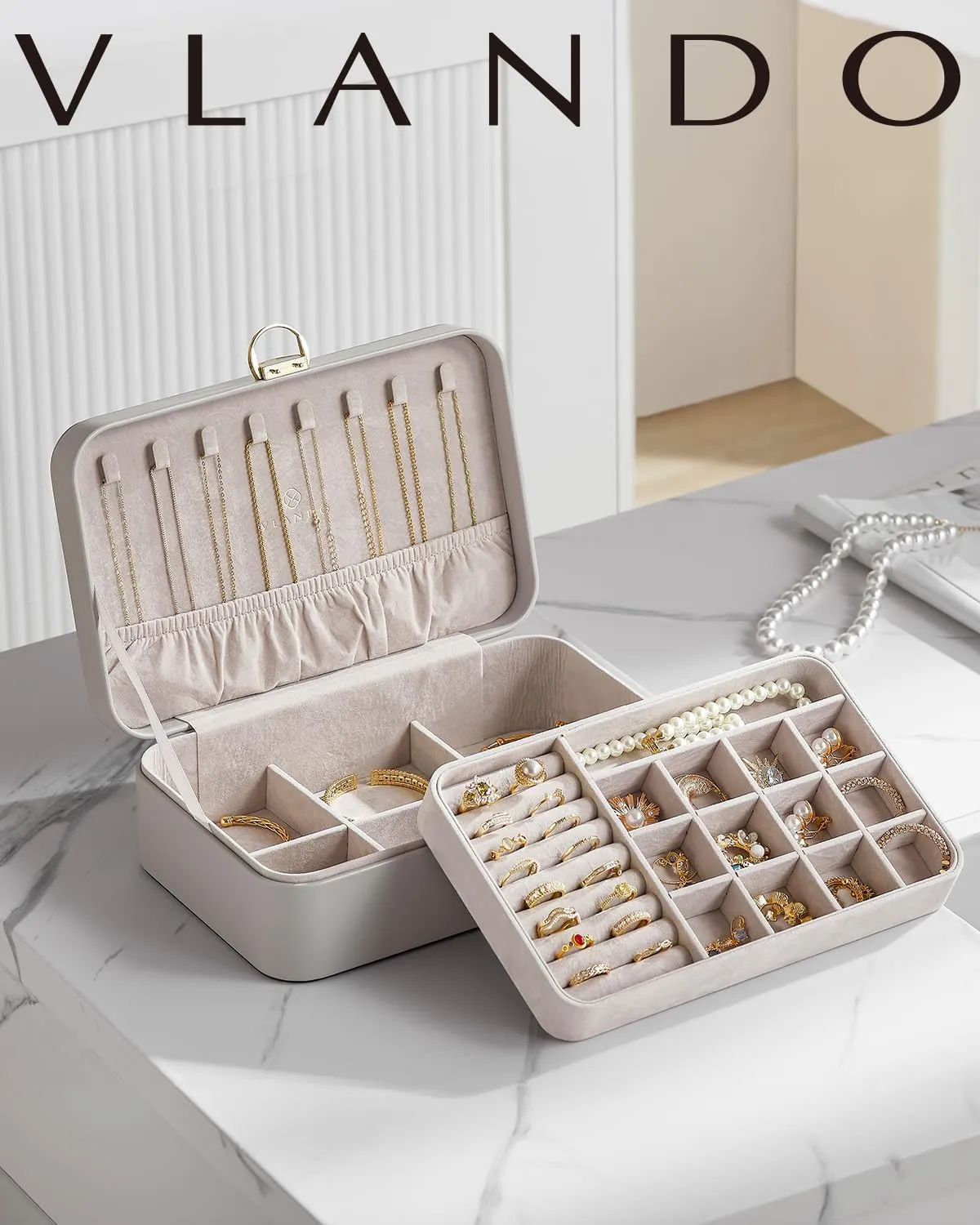 Vlando Jewelry Boxes for Women,2 Layers Jewelry Box with Lock,Birthday Gifts for Women Girls,Jewelry Organizers for Earrings Necklace,Rings Storage Grey