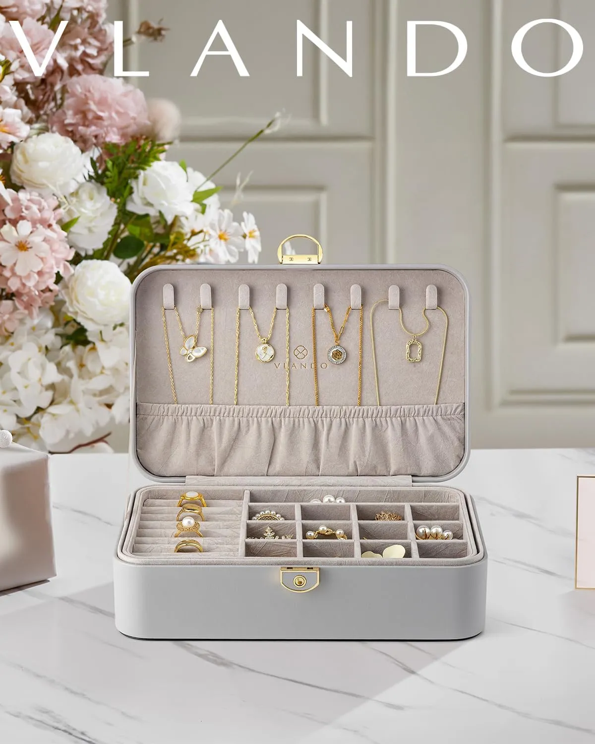 Vlando Jewelry Boxes for Women,2 Layers Jewelry Box with Lock,Birthday Gifts for Women Girls,Jewelry Organizers for Earrings Necklace,Rings Storage Grey