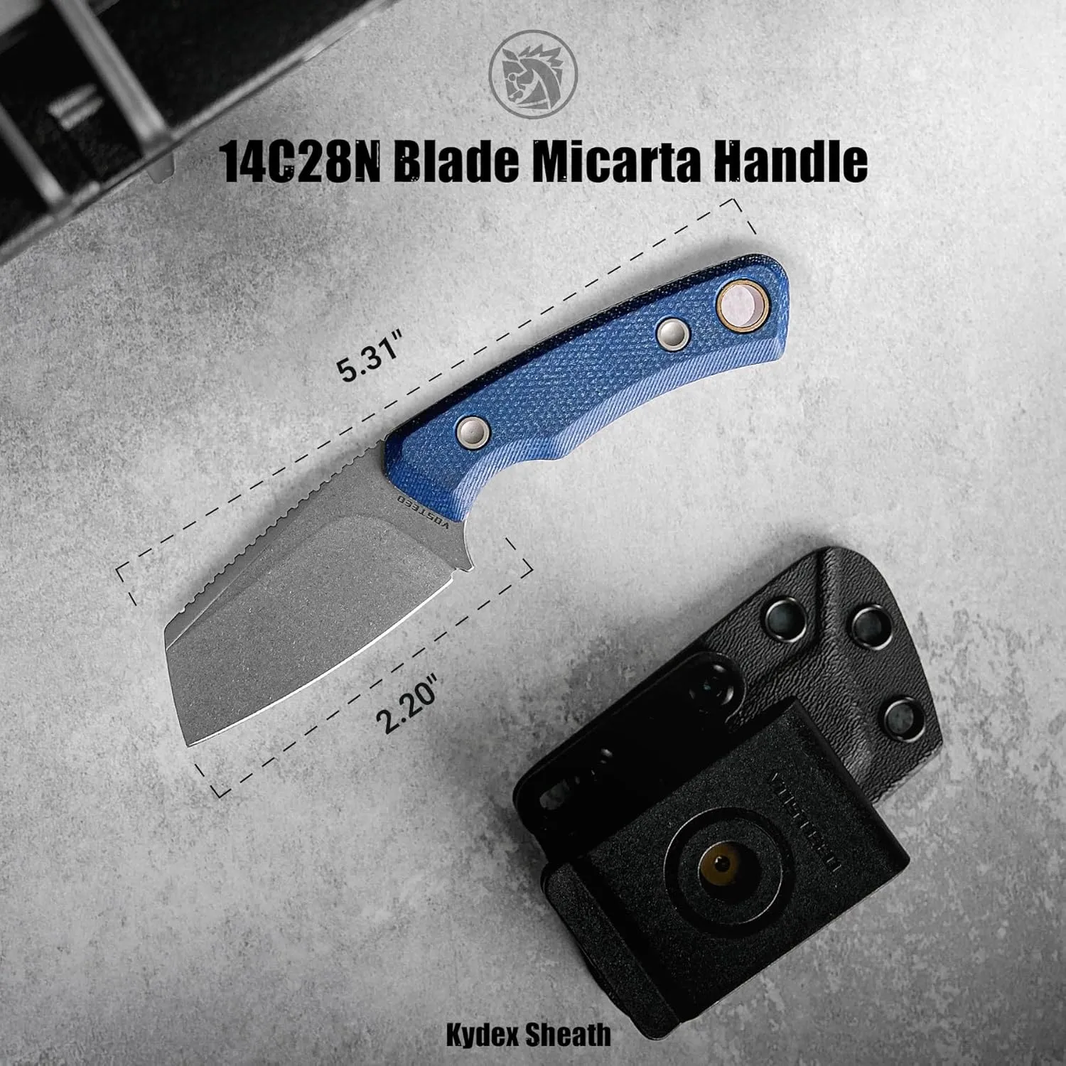 Vosteed Marmoset EDC Fixed Blade Knife - 2.20" 14C28N Blade with Sheath, Blue Micarta Handle with S.O.A.R. Clip for Hunting Camping Knives - D0703
