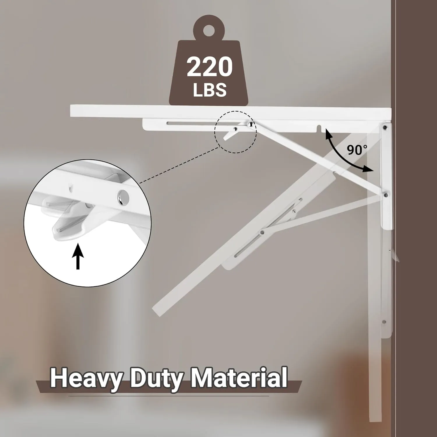 Wall Mounted Folding Table 47.2”L x 19.7”W, Laundry Folding Table with Heavy Duty Metal Collapsible Shelf Brackets, 220 LBS Capacity, Wall Mounted Desk Fold Down for Small Spaces, White