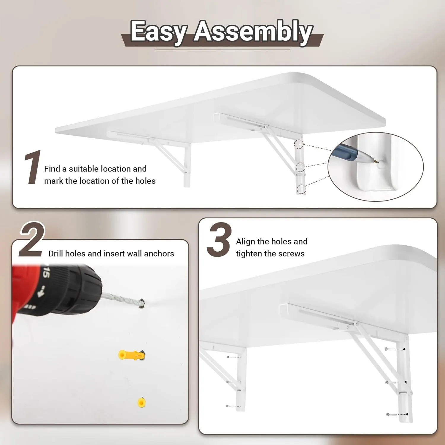 Wall Mounted Folding Table 47.2”L x 19.7”W, Laundry Folding Table with Heavy Duty Metal Collapsible Shelf Brackets, 220 LBS Capacity, Wall Mounted Desk Fold Down for Small Spaces, White
