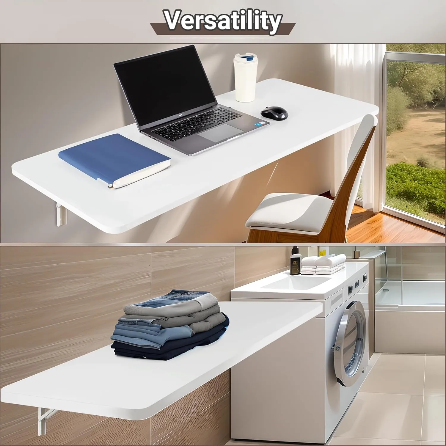 Wall Mounted Folding Table 47.2”L x 19.7”W, Laundry Folding Table with Heavy Duty Metal Collapsible Shelf Brackets, 220 LBS Capacity, Wall Mounted Desk Fold Down for Small Spaces, White