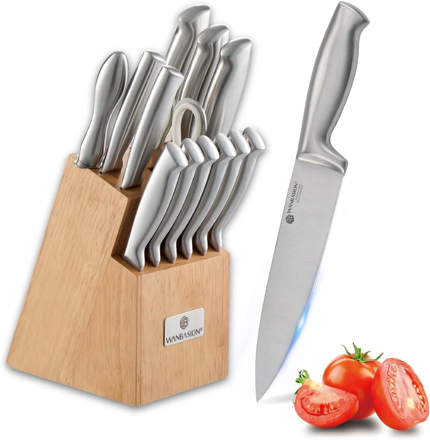 Wanbasion 14Pcs Kitchen Knife Block Set with Sharpener, Sharp Kitchen Knives Set with Block, Stainless Steel Knife Set with Block Dishwasher Safe Silver