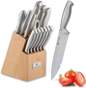 Wanbasion 14Pcs Kitchen Knife Block Set with Sharpener, Sharp Kitchen Knives Set with Block, Stainless Steel Knife Set with Block Dishwasher Safe Silver