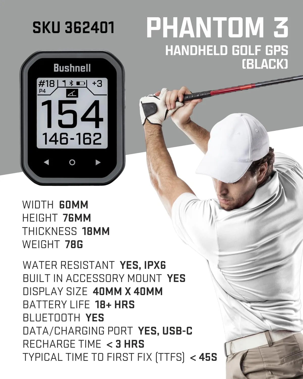 Wearable4U - Bushnell Phantom 3 GPS Rangefinder Black with BITE Magnetic Mount and GreenView with Lens Cleaning Cloth Bundle