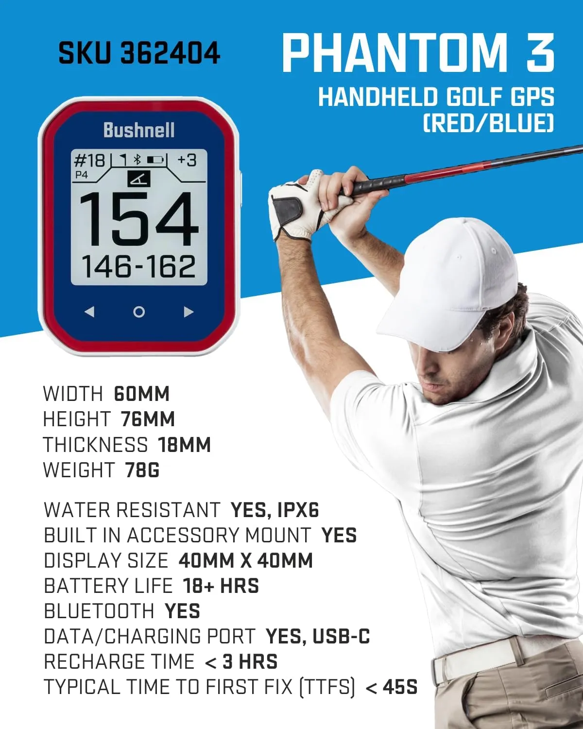 Wearable4U - Bushnell Phantom 3 GPS Rangefinder Blue with BITE Magnetic Mount and GreenView with Lens Cleaning Cloth Bundle