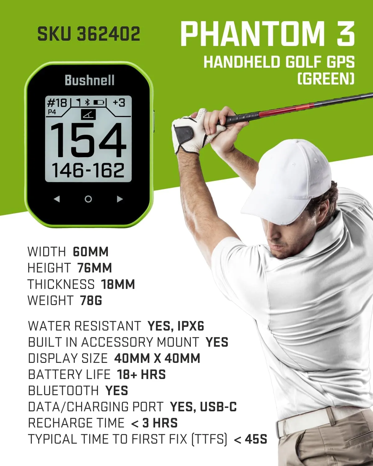 Wearable4U - Bushnell Phantom 3 Slope GPS Golf Green with Slope Technology, Touchscreen, Magnetic Cart Mount with Towel Bundle
