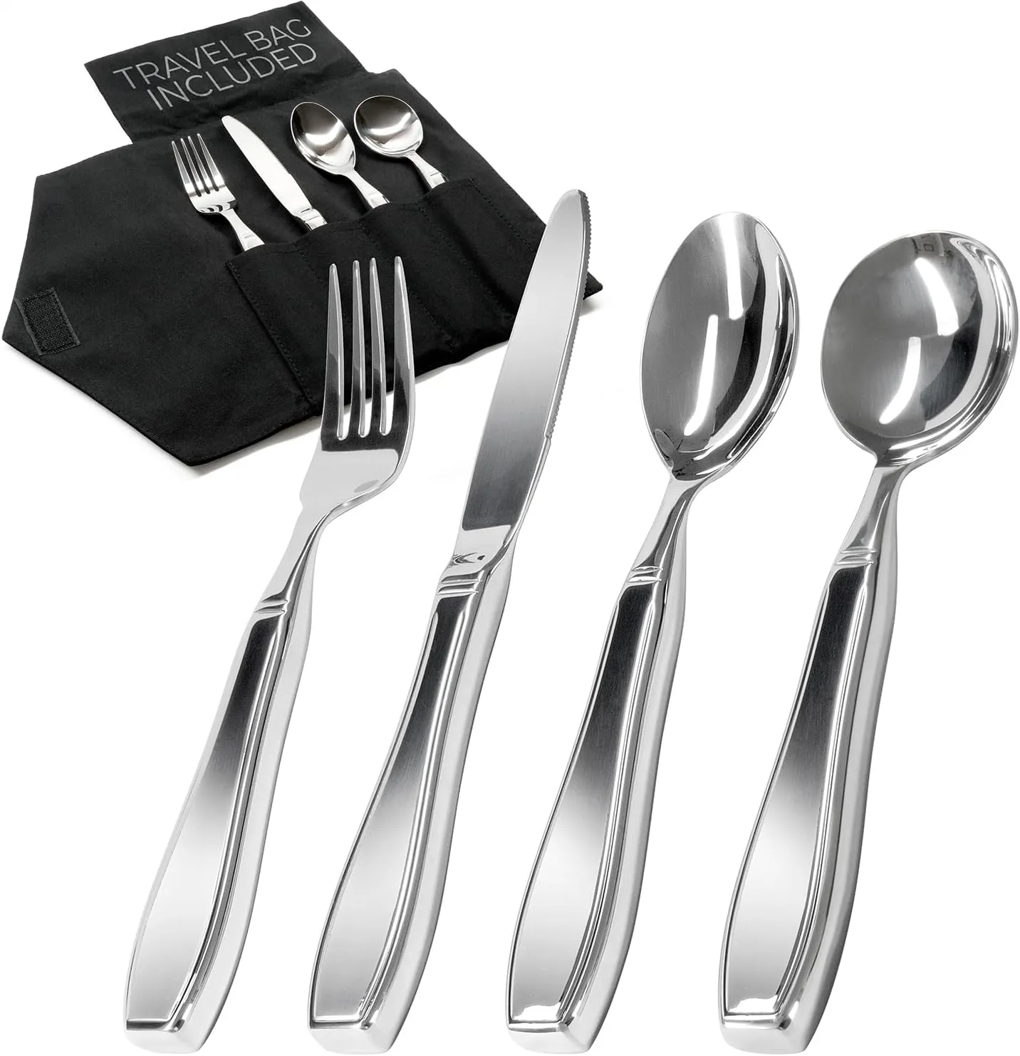 Weighted Utensils for Hand Tremors and Parkinson's Patients - 4 Piece Set Weighted Silverware for Elderly, Arthritis, Weak Hand Grip - Convenient Travel Bag, Stainless Steel, 7 Oz
