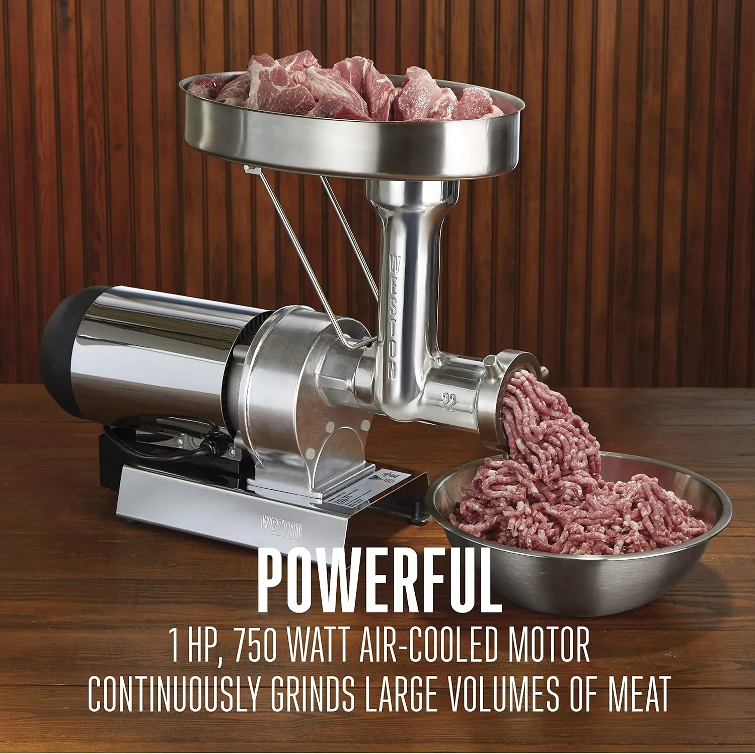 WESTON BRANDS Butcher Series Electric Meat Grinder & Sausage Stuffer, Commercial Grade 1 HP, 750 Watts, 14 lbs per Minute, Stainless Steel (09-2201-W)