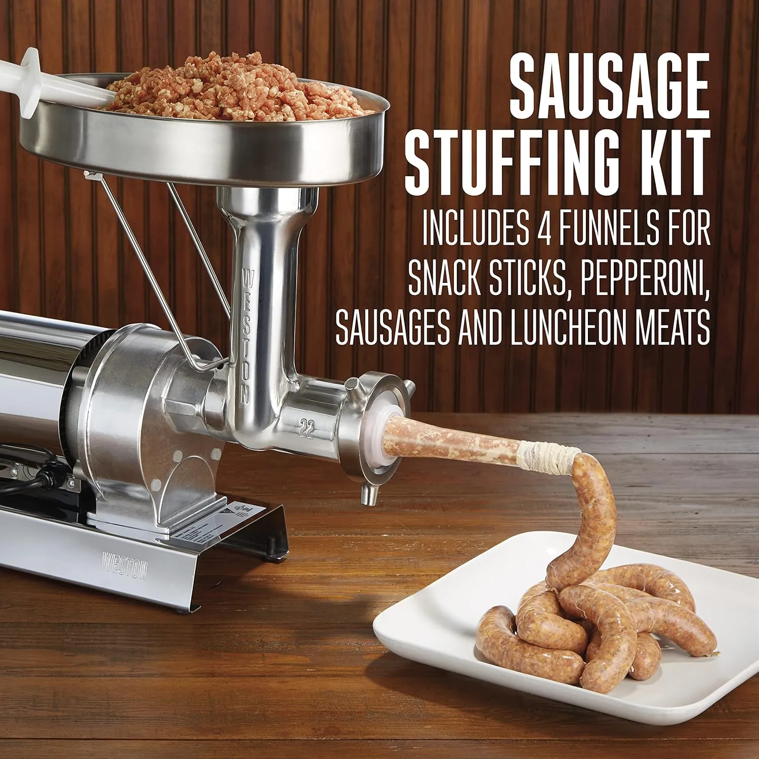 WESTON BRANDS Butcher Series Electric Meat Grinder & Sausage Stuffer, Commercial Grade 1 HP, 750 Watts, 14 lbs per Minute, Stainless Steel (09-2201-W)