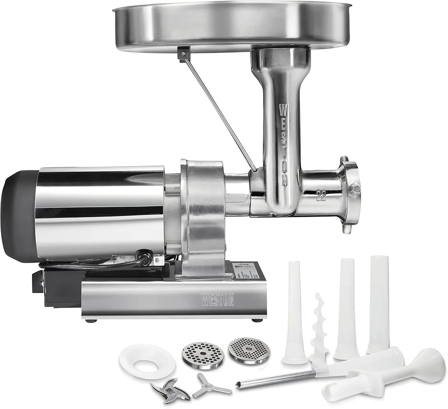 WESTON BRANDS Butcher Series Electric Meat Grinder & Sausage Stuffer, Commercial Grade 1 HP, 750 Watts, 14 lbs per Minute, Stainless Steel (09-2201-W)
