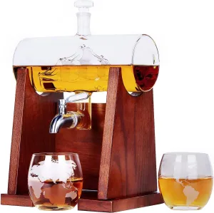 Whiskey Decanter with 2 Globe Glasses, 1250ml Ship Whiskey Decanter Set for Men, Liquor Bourbon Decanter Gift for Him