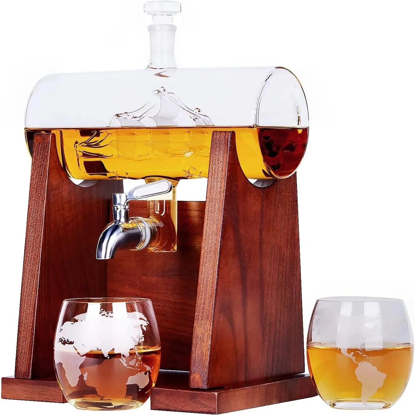 Whiskey Decanter with 2 Globe Glasses, 1250ml Ship Whiskey Decanter Set for Men, Liquor Bourbon Decanter Gift for Him