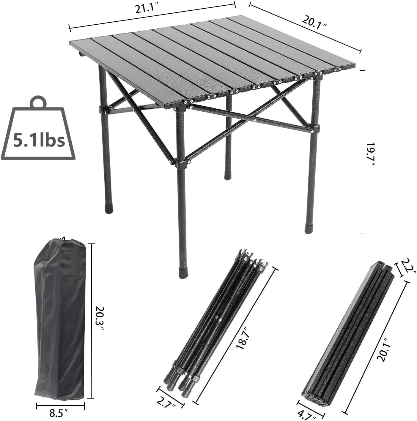Wind Tour Portable Camping Table Folding Side Table Aluminum Lightweight Table with Carry Bag for Outdoor Cooking Hiking Picnics BBQ Travel (Black)