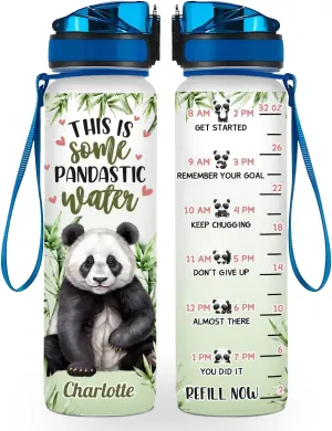 winorax Panda Water Bottle Personalized Cute Panda Reminder 32oz Bottle BPA Free Clear Times Marker Green Tracker Bottles Custom Name Motivational Gifts For Women Girls Teen Animal Lovers