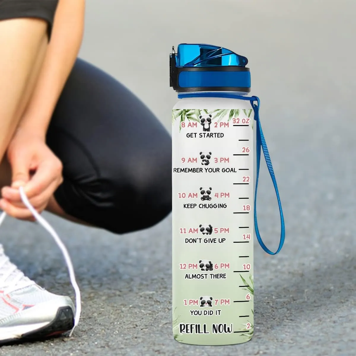 winorax Panda Water Bottle Personalized Cute Panda Reminder 32oz Bottle BPA Free Clear Times Marker Green Tracker Bottles Custom Name Motivational Gifts For Women Girls Teen Animal Lovers