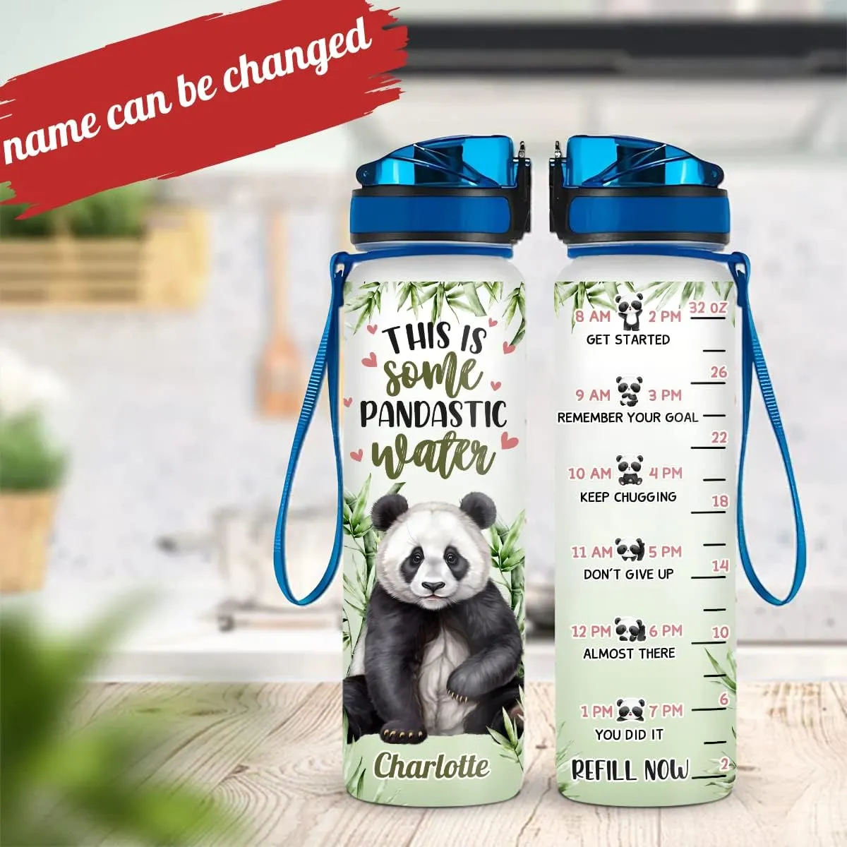 winorax Panda Water Bottle Personalized Cute Panda Reminder 32oz Bottle BPA Free Clear Times Marker Green Tracker Bottles Custom Name Motivational Gifts For Women Girls Teen Animal Lovers